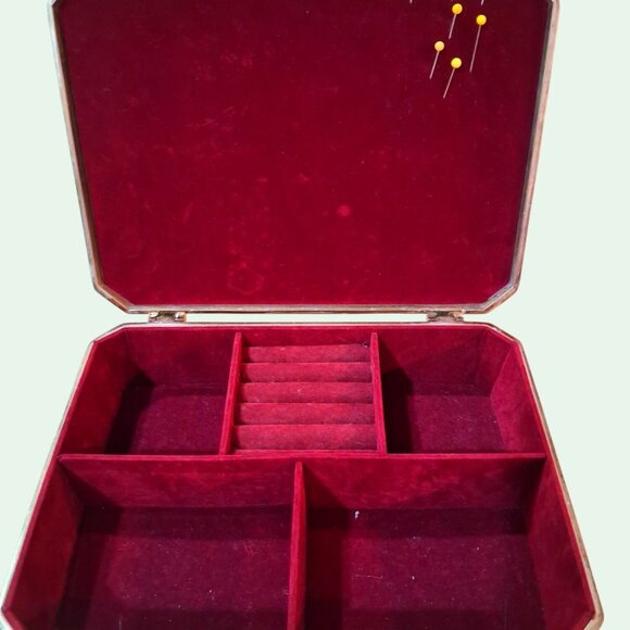 Vintage Silver-Tone Ornate Jewelry Box With Red Velvet Interior & Dividers - Picture 1 of 12
